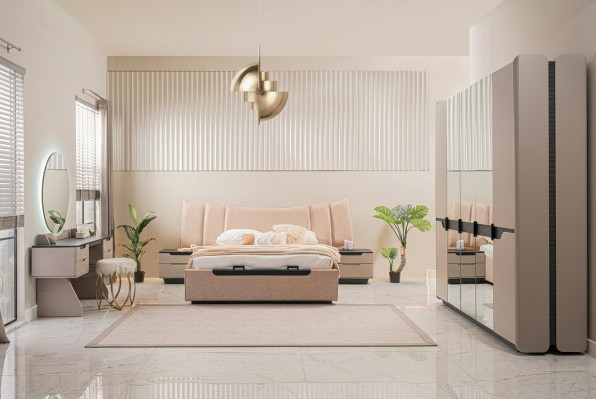 Compleet slaapkamer tweepersoonsbed modern beige bedset 6-delig kast