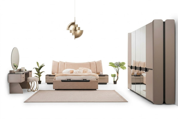 Compleet slaapkamer tweepersoonsbed modern beige bedset 6-delig kast