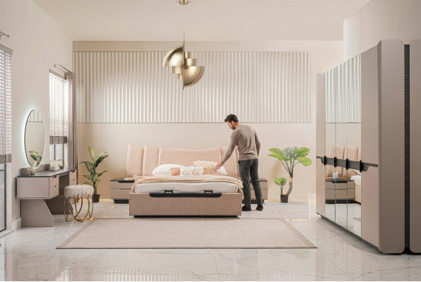 Tweepersoonsbed Complete Slaapkamer Modern Beige Set 6-delig Kast
