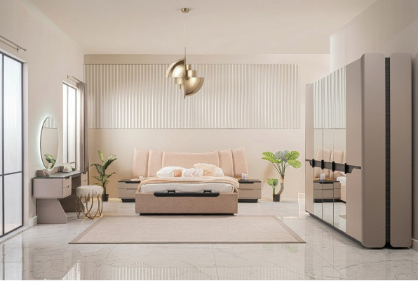 Tweepersoonsbed Complete Slaapkamer Modern Beige Set 6-delig Kast