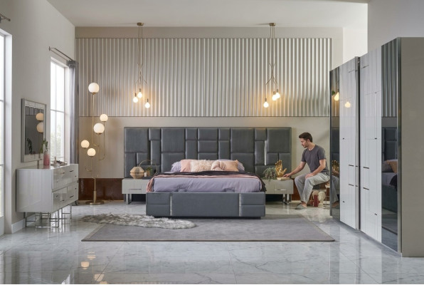 Bedframe Slaapkamer Tweepersoonsbed Grijs Hout Set 6-delig Kledingkast