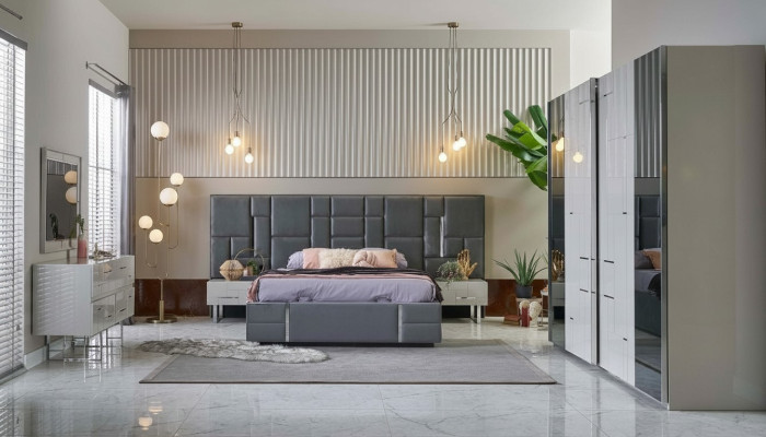 Bedframe Slaapkamer Tweepersoonsbed Grijs Hout Set 6-delig Kledingkast