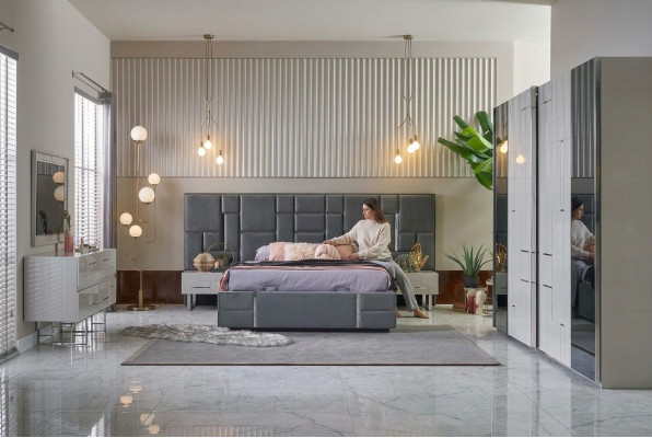 Tweepersoonsbed Bedframe Slaapkamer Grijs Hout Set 6 stuks Kledingkast