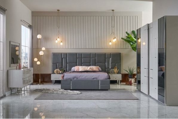 Tweepersoonsbed Bedframe Slaapkamer Grijs Hout Set 6 stuks Kledingkast