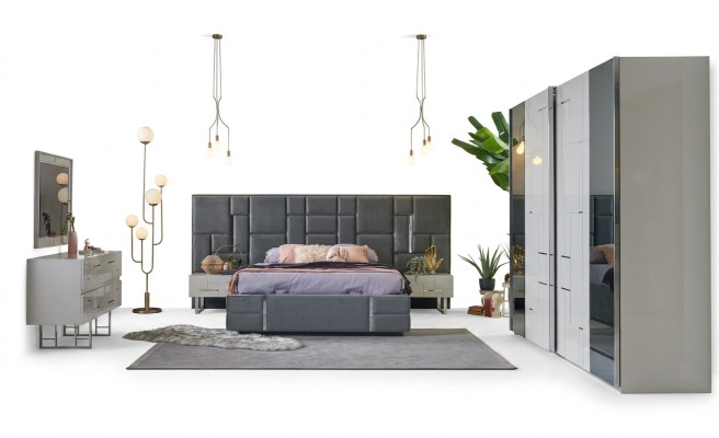 Tweepersoonsbed Bedframe Slaapkamer Grijs Hout Set 6 stuks Kledingkast