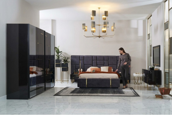Luxe tweepersoonsbed bedframe slaapkamer hout set 6-delig zwart design.