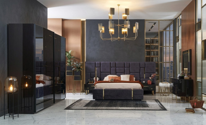 Luxe tweepersoonsbed bedframe slaapkamer hout set 6-delig zwart design.