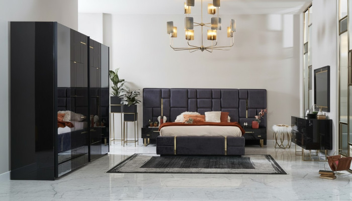 Luxe tweepersoonsbed bedframe slaapkamer hout set 6-delig zwart design.