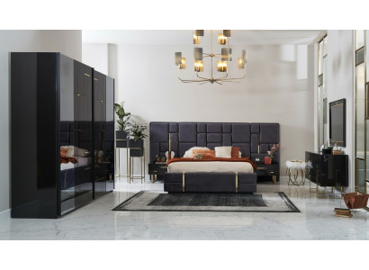 Luxe tweepersoonsbed bedframe slaapkamer hout set 6-delig zwart design.