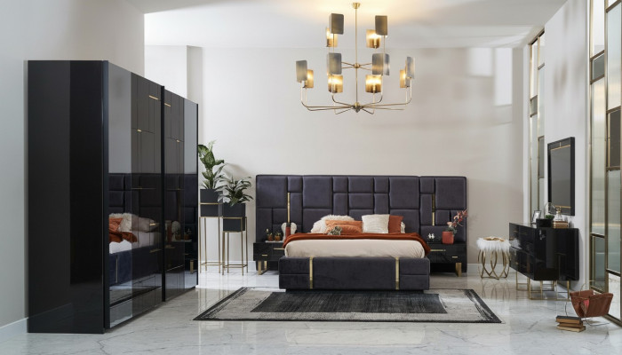 Design tweepersoons bedframe luxe slaapkamer houten set 6-delig zwart