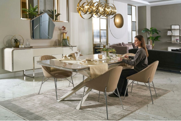 Eetset Eetkamermeubels Hout Eettafel Eethoek Beige Eetkamer 9-delig