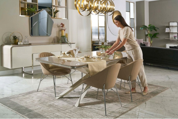 Moderne eethoek van hout Eettafel Eethoek Beige Eetkamer 7-delige stoelen
