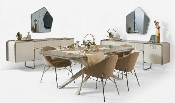 Moderne eethoek van hout Eettafel Eethoek Beige Eetkamer 7-delige stoelen