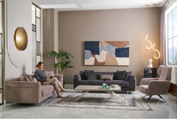 Bankstel Complete bankstel Stoffen bank Gestoffeerde banken Beige Set 3-delig