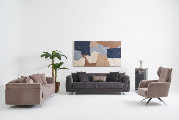 Bankstel Complete bankstel Stoffen bank Gestoffeerde banken Beige Set 3-delig