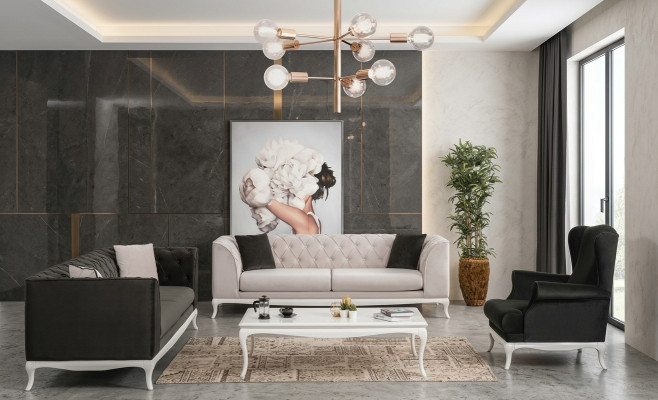 Chesterfield Volledige Stoffen Bankstellen Bankstellen Set 4-delig Zwart