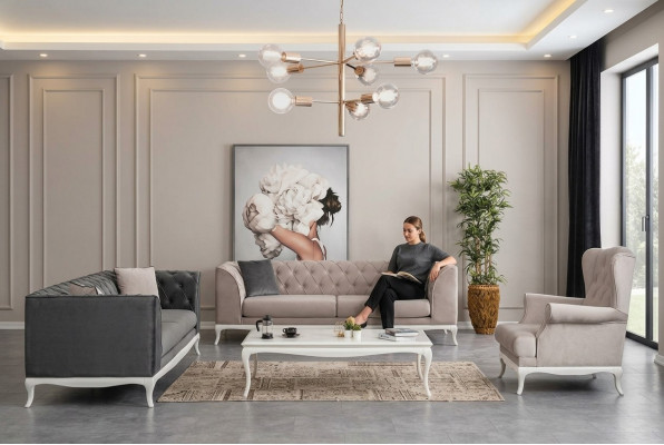 Compleet Chesterfield bankstel lounge set 3-delig stoffen bank zwart
