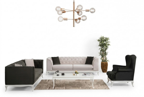 Compleet Chesterfield bankstel lounge set 3-delig stoffen bank zwart