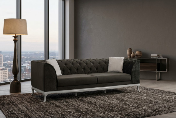 Woonkamer driezits Chesterfield bank bankstel 3-zits zwart stofstoffen sofa.