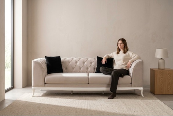 Woonkamer stoffen bankstel met drie zitplaatsen Chesterfield bank bankstel 3-zits beige stof  Woonkamer stoffen bankstel met drie zitplaatsen Chesterfield bank bankstel 3-zits beige stof