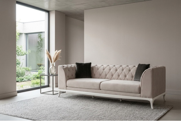 Woonkamer stoffen bankstel met drie zitplaatsen Chesterfield bank bankstel 3-zits beige stof  Woonkamer stoffen bankstel met drie zitplaatsen Chesterfield bank bankstel 3-zits beige stof
