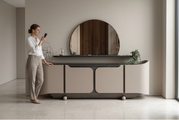 Sideboard Dressoir Ladenkast met spiegel Kast Hout Beige Modern Set