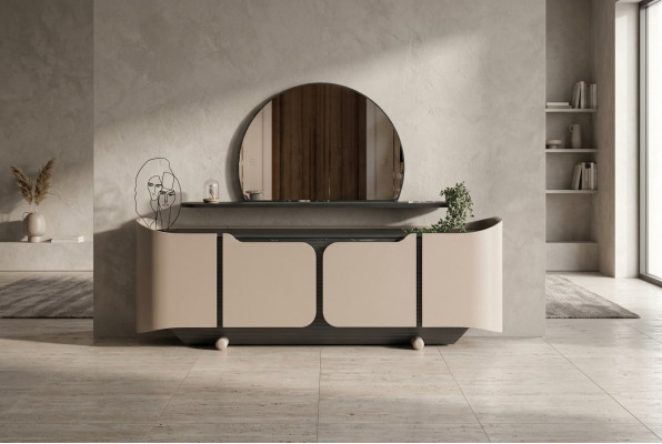 Sideboard Dressoir Ladenkast met spiegel Kast Hout Beige Modern Set