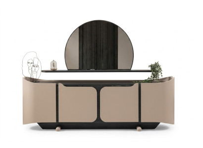 Sideboard Dressoir Ladenkast met spiegel Kast Hout Beige Modern Set