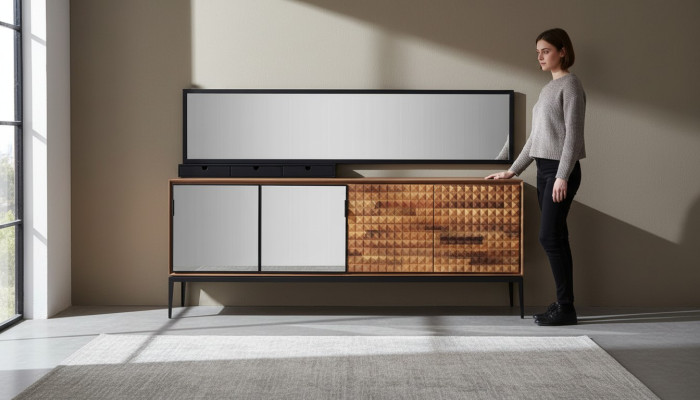 Dressoir met spiegel, commode, kast van hout, bruin, eetkamer.