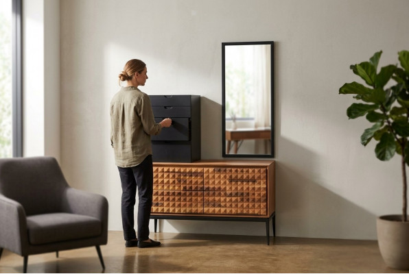 Slaapkamer commode met spiegel Bruin houten aanbouwkast Kommodenset