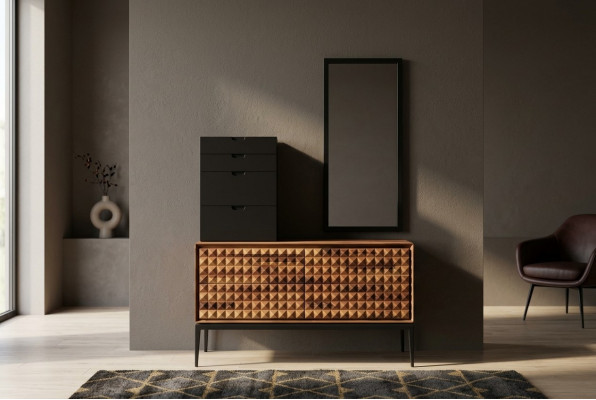 Slaapkamer commode met spiegel Bruin houten aanbouwkast Kommodenset