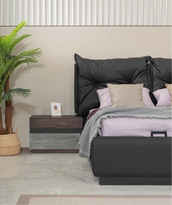 Set Slaapkamer tweepersoonsbed Bed Nachtkastjes Set 6 delig Zwart