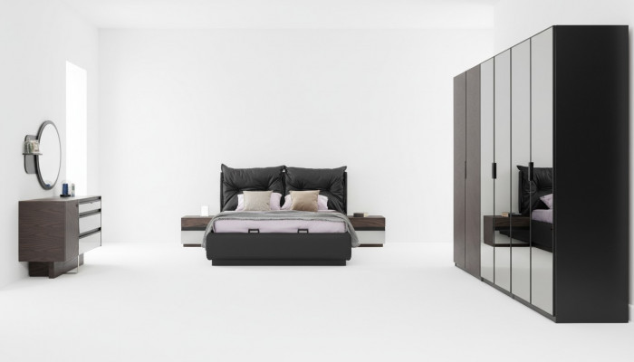 Set Slaapkamer tweepersoonsbed Bed Nachtkastjes Set 6 delig Zwart