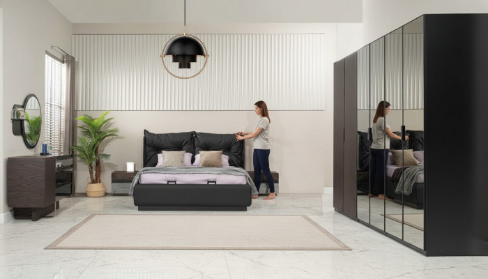 Tweepersoonsbedset Slaapkamer Bed Nachtkastjes Zwart Set 6-delig