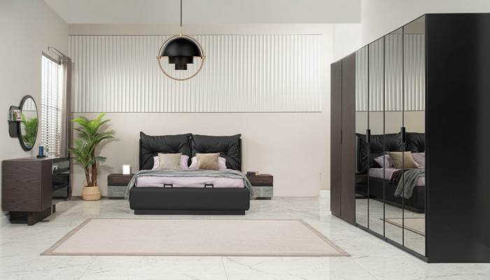 Tweepersoonsbedset Slaapkamer Bed Nachtkastjes Zwart Set 6-delig