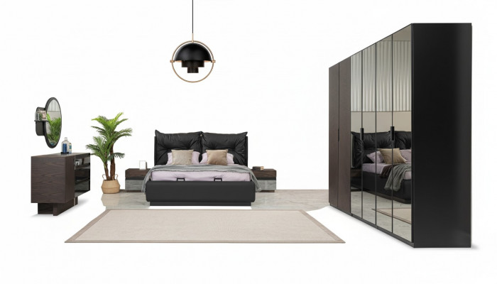 Tweepersoonsbedset Slaapkamer Bed Nachtkastjes Zwart Set 6-delig