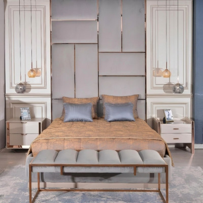 Luxe slaapkamer set met tweepersoonsbed, nachtkastjes 5-delig beige.