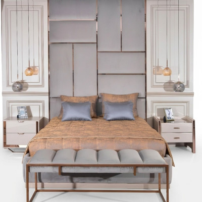 Luxe slaapkamer set met tweepersoonsbed, nachtkastjes 5-delig beige.