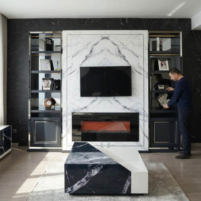 Luxe woonwand RTV laag TV-standaard grijs zilver Vittine hout Modern