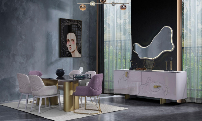 Eethoek Eetkamer meubels Eetgroep Eettafel Set Eetkamer 9-delig Roze Hout