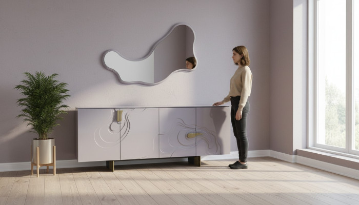 Dressoir set met spiegelkast van hout in roze eetkamer.