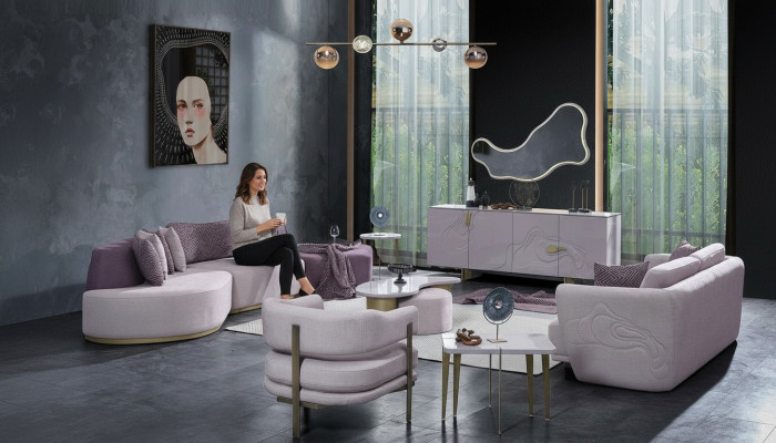 Bankstel Grote woonlandschap Roze stoffen bankstellen Modern Set 7-delig