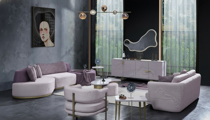 Bankstel Grote woonlandschap Roze stoffen bankstellen Modern Set 7-delig