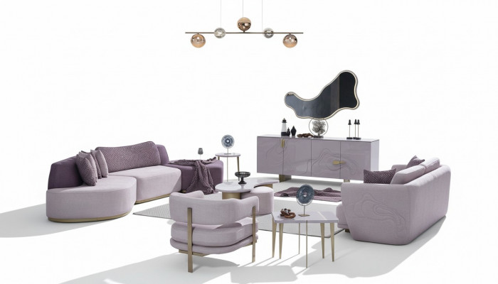 Bankstel Grote woonlandschap Roze stoffen bankstellen Modern Set 7-delig