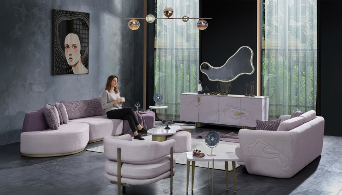 Woonlandschap Bankstel Grote Roze Stoffenbanken Modern Set 5-delig Bank