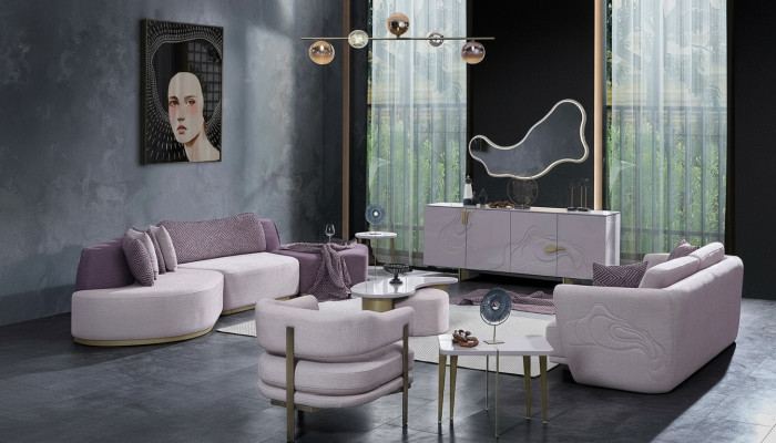 Woonlandschap Bankstel Grote Roze Stoffenbanken Modern Set 5-delig Bank