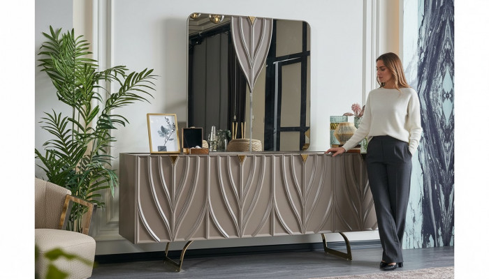 Dressoir set buffet met spiegel eetkamer hout bruin kast