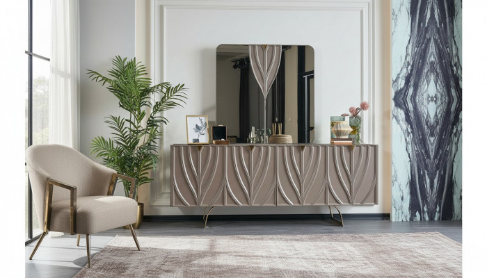 Dressoir set buffet met spiegel eetkamer hout bruin kast