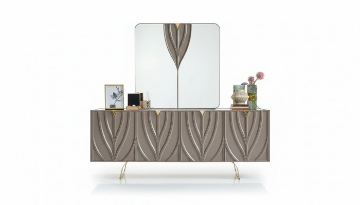 Dressoir set buffet met spiegel eetkamer hout bruin kast