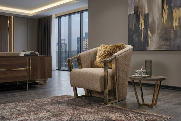 Moderne fauteuil eenzitter stof woonkamer bruin gestoffeerd zitje zitplaats